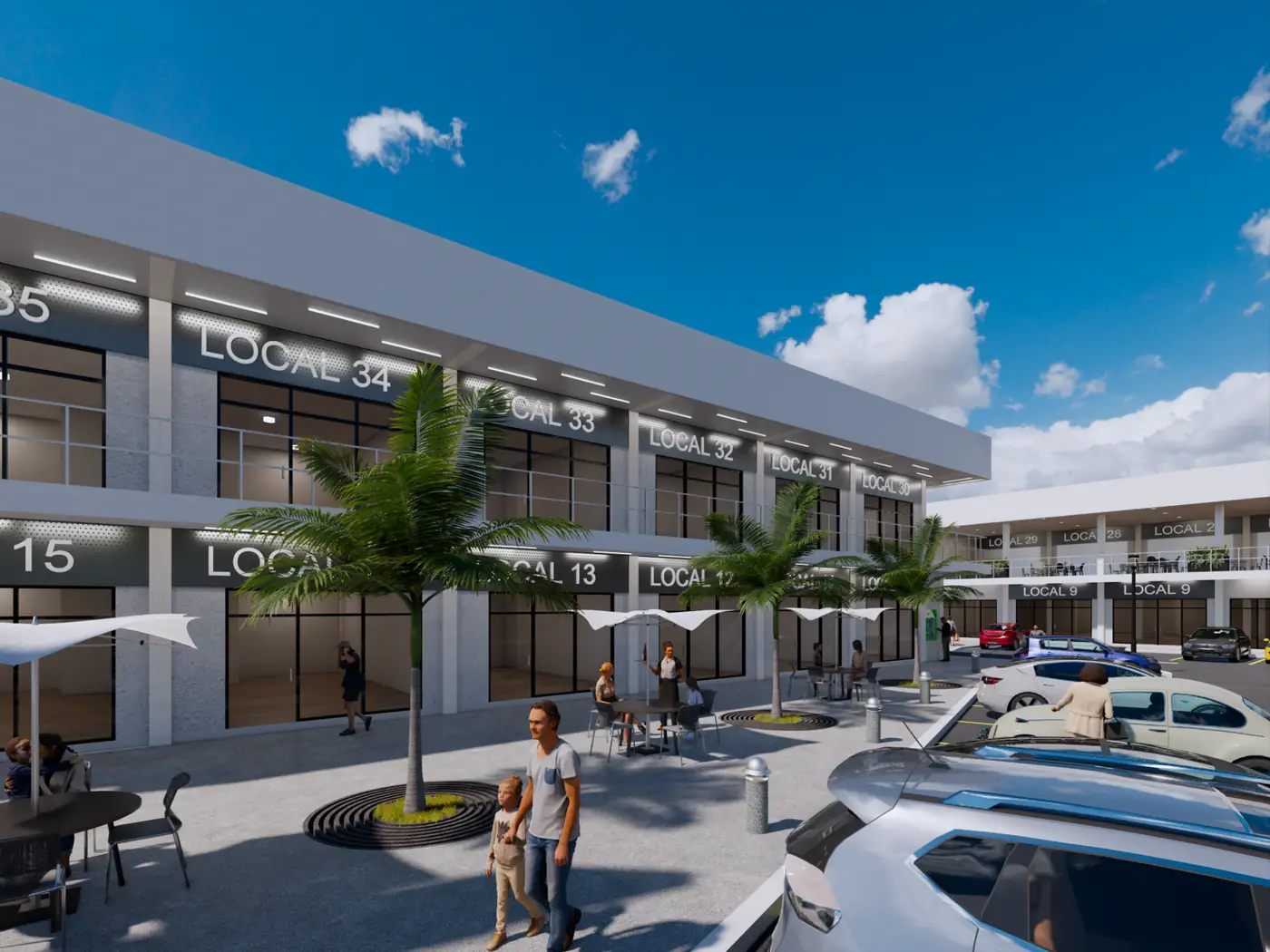 Plazoleta comercial con áreas exteriores